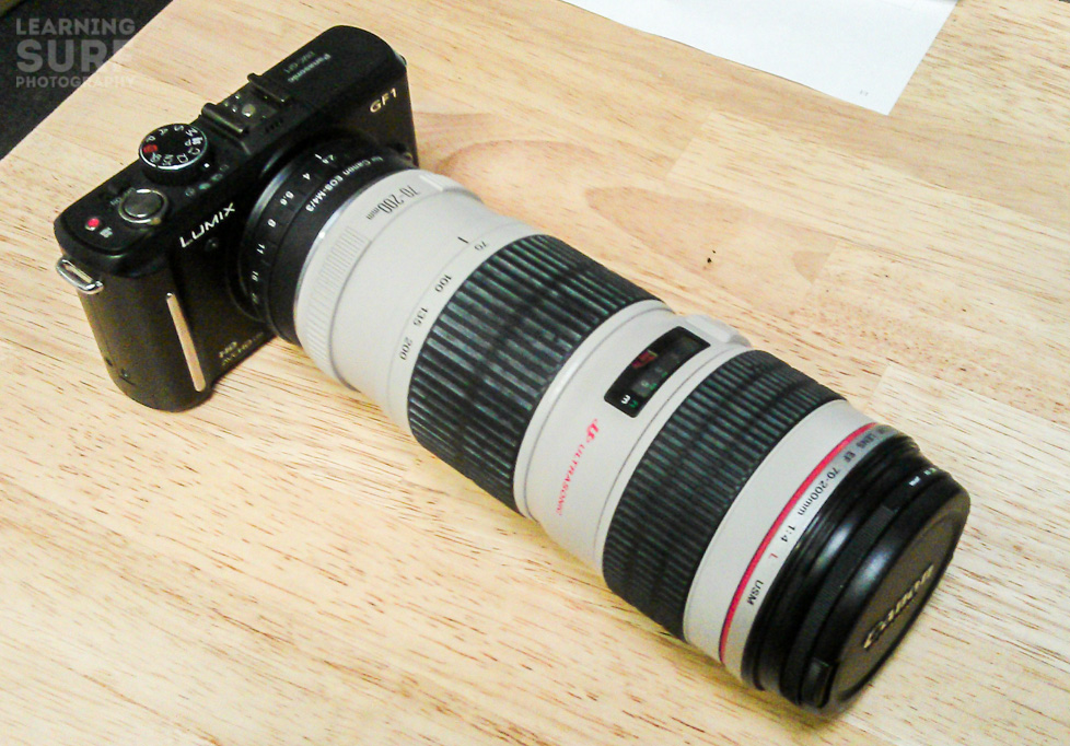 Panasonic GF 1 with Canon 70-200mm f4 lens attached