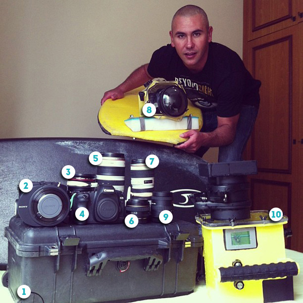 Paulo Barcellos and his surf photography and video kit